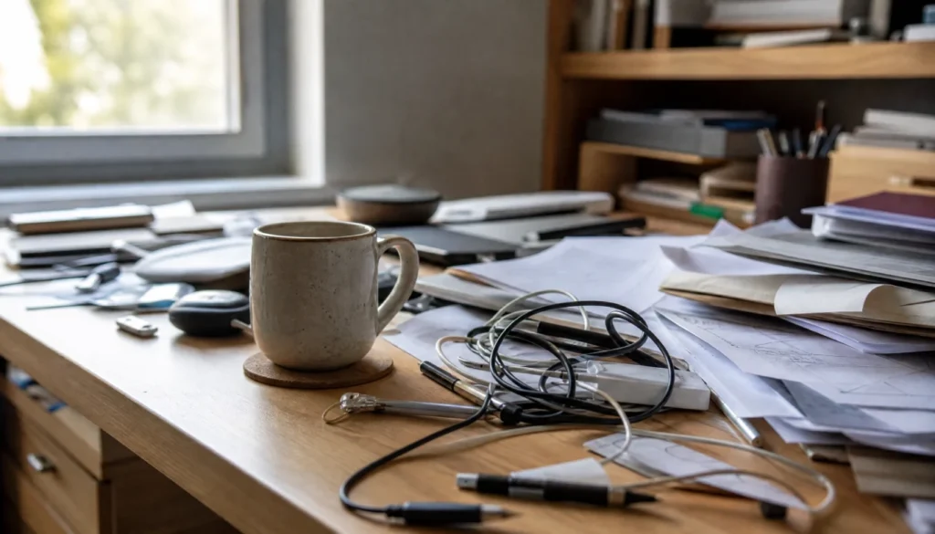 Cluttered desk showing papers and objects piled together