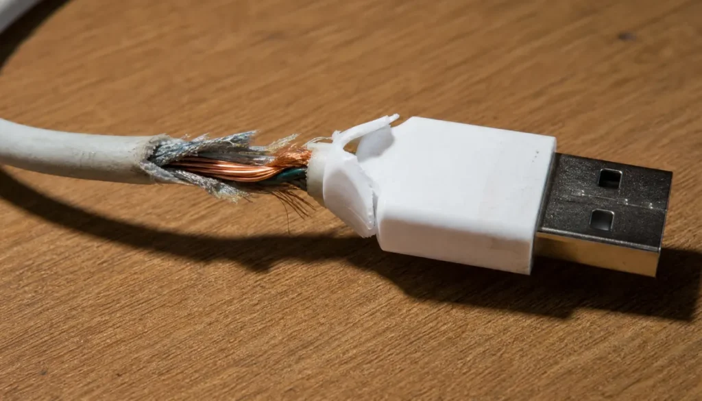 Frayed USB cable with exposed wire showing signs of damage