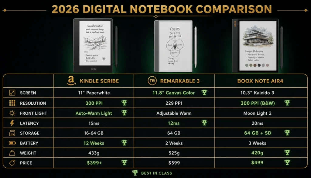 2026 digital notebook specs comparison table showing Kindle Scribe, reMarkable 3, and Boox Note Air4