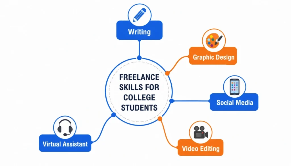 Mind map of freelance skills for college students like writing, design, social media, and virtual assistant