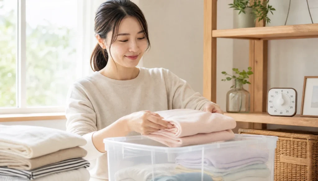 Person calmly organizing clothes into a clear storage bin