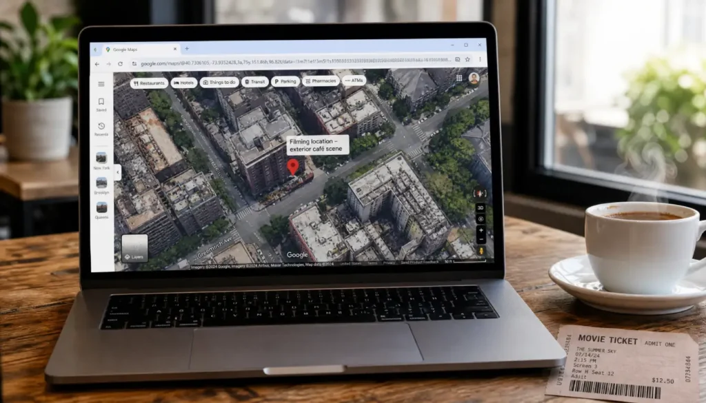 Google Maps desktop view showing a saved filming location marker for a café scene
