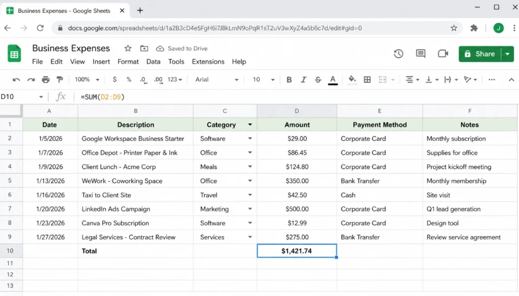 Google Sheets expense log with category dropdown and sample data