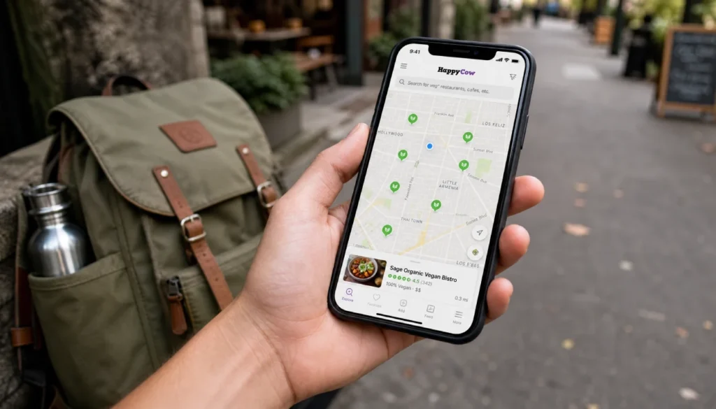 HappyCow app map displaying vegetarian restaurant pins abroad