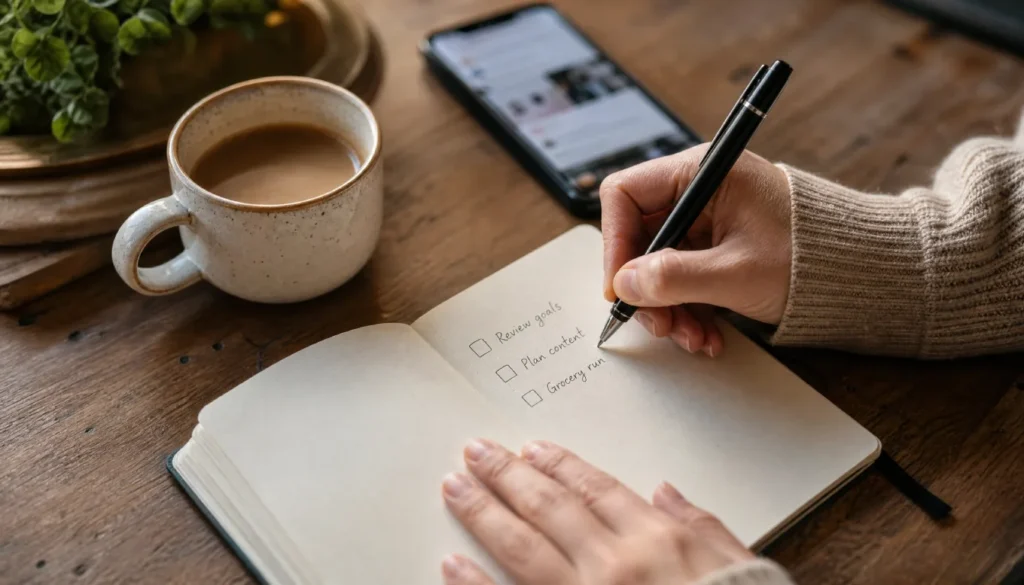 Hands writing a checklist to evaluate business advice