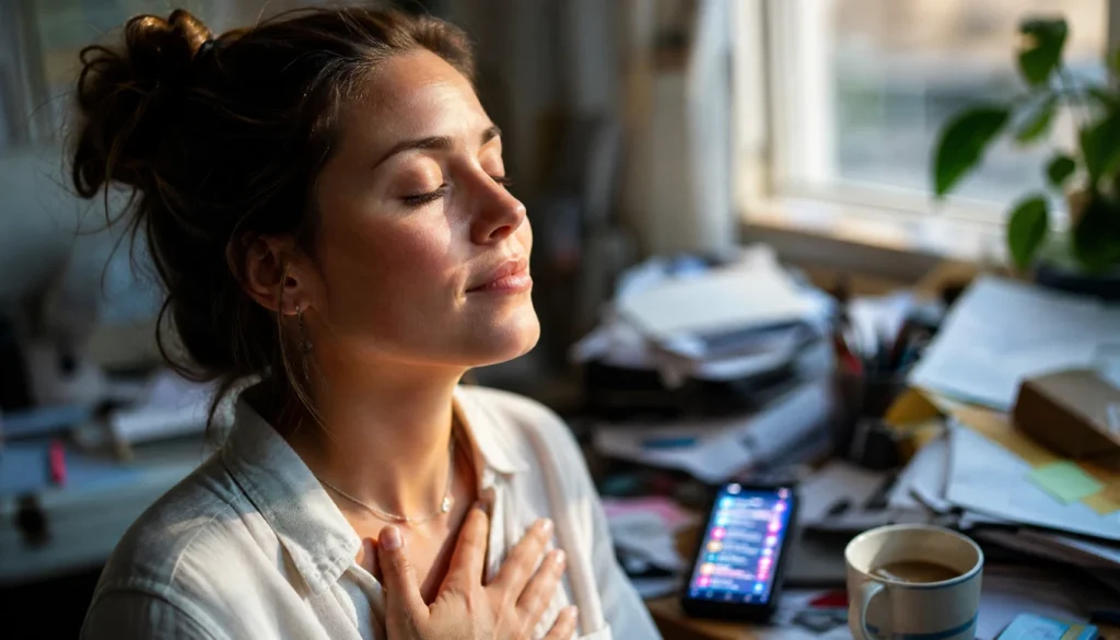 Woman taking a mindful deep breath at a cluttered desk to practice micro self-care