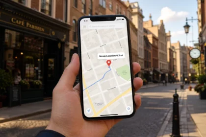 Smartphone map showing a nearby movie filming location pin