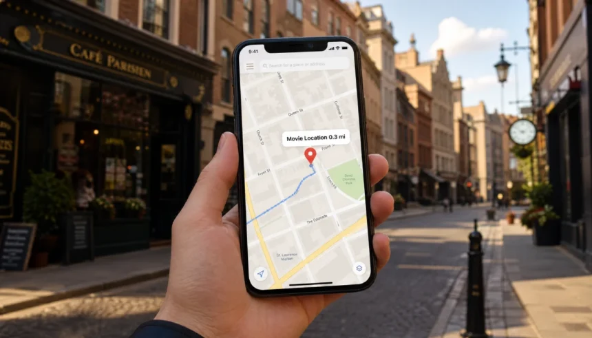 Smartphone map showing a nearby movie filming location pin