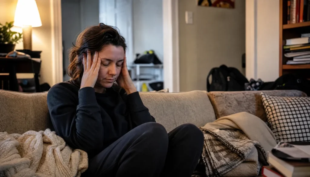 Person overwhelmed by sensory overload in a cluttered living room