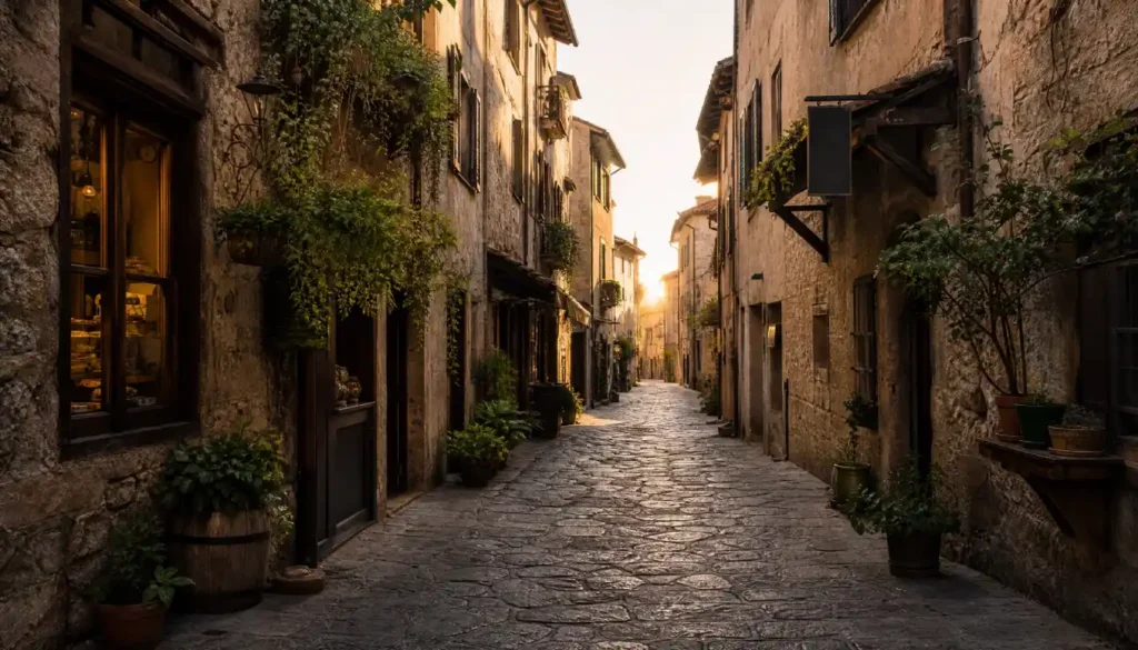 Quiet empty alleyway lined with local shops in an old European town during early morning