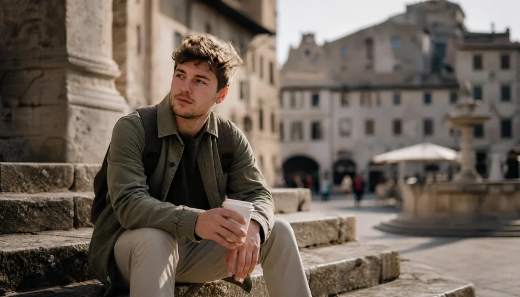 Traveler sitting on stone steps holding coffee, looking away from the camera in a relaxed candid pose