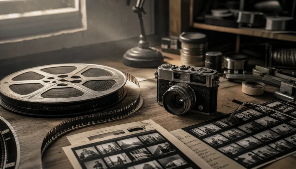 Vintage film reel and camera representing the origins of the slow cinema movement