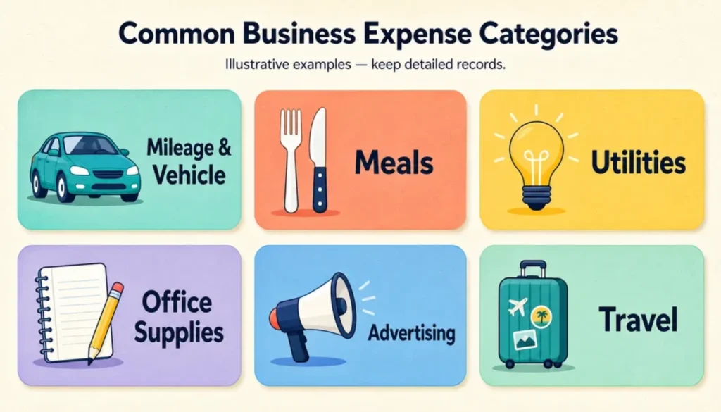 Visual guide to common business expense categories like office supplies, travel, meals, and advertising