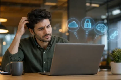 Professional looking confused while surrounded by tech jargon icons at their desk
