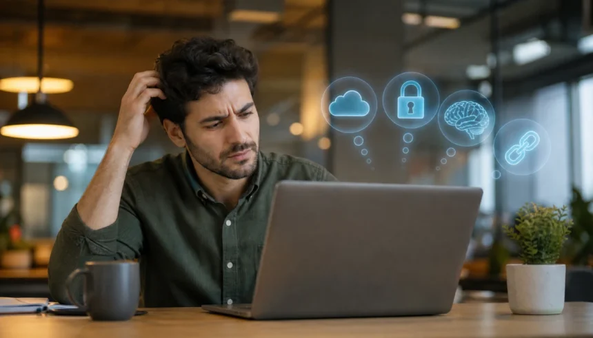 Professional looking confused while surrounded by tech jargon icons at their desk