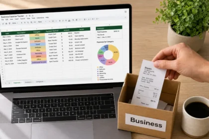 Freelancer tracking business expenses in Google Sheets on laptop