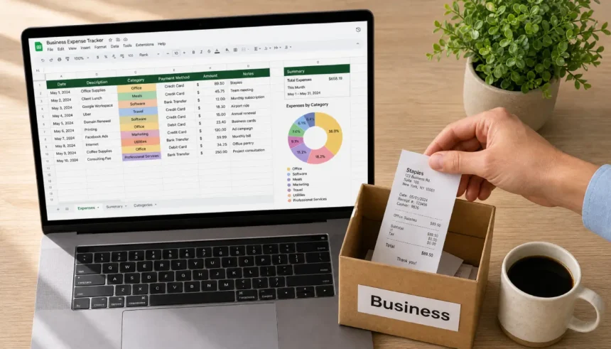Freelancer tracking business expenses in Google Sheets on laptop