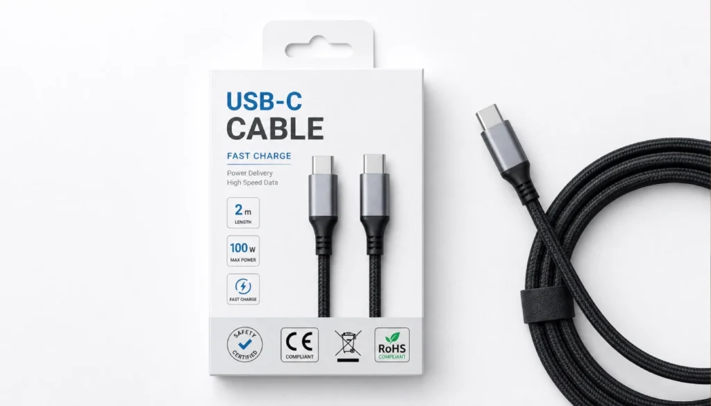 USB cable packaging showing certification badges and safety logos