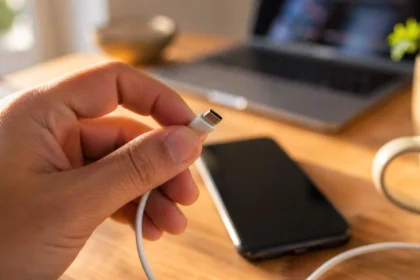 Person inspecting a USB-C charging cable for damage before use