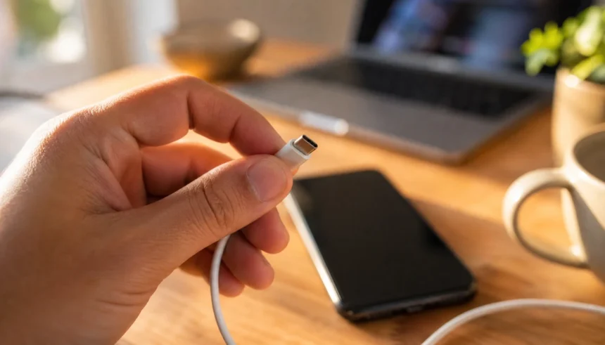 Person inspecting a USB-C charging cable for damage before use