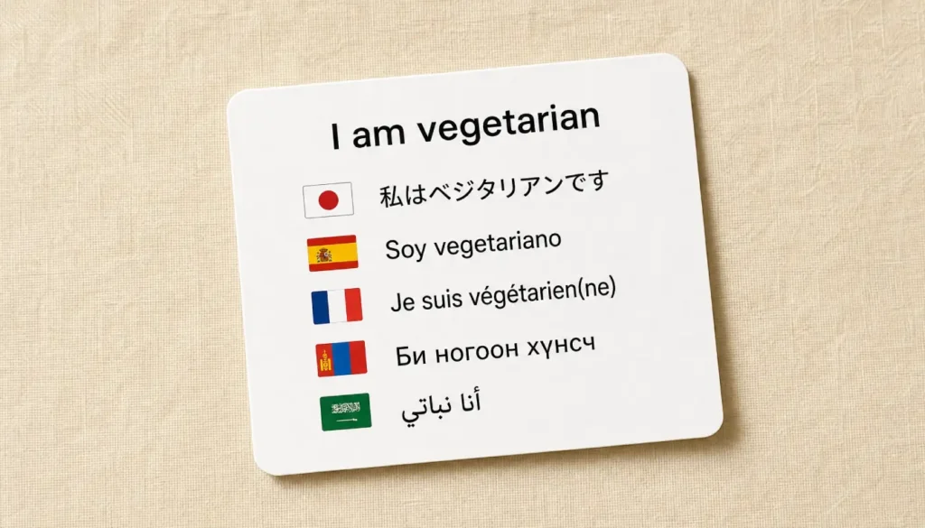 Vegetarian translation card with phrases in Japanese, Spanish, French, Mongolian, and Arabic