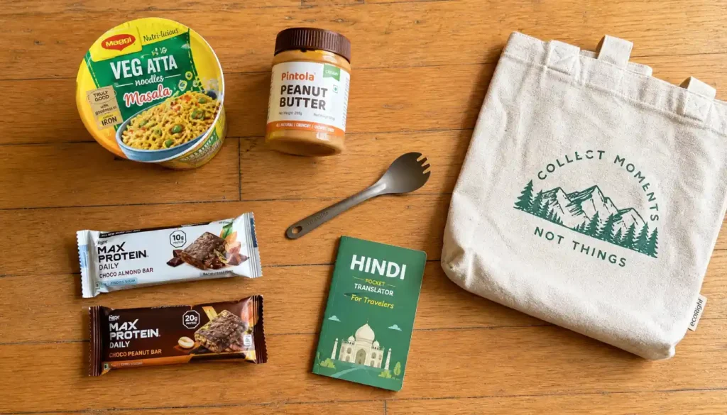 Vegetarian travel essentials kit with protein bars, spork, and translation cards