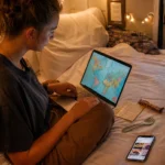 Vegetarian traveler planning meals with a laptop, translation card, and phone