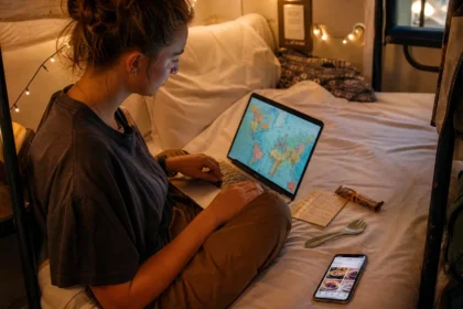 Vegetarian traveler planning meals with a laptop, translation card, and phone