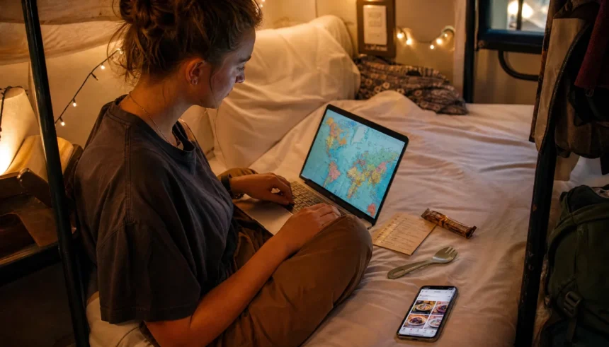 Vegetarian traveler planning meals with a laptop, translation card, and phone