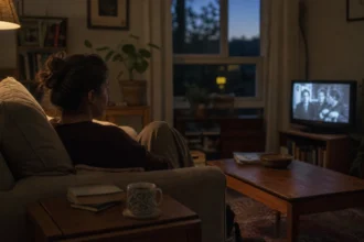 Person sitting quietly in a dim living room watching a slow cinema film on TV