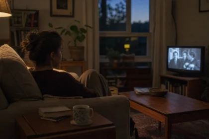 Person sitting quietly in a dim living room watching a slow cinema film on TV