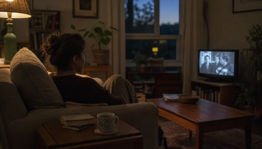 Person sitting quietly in a dim living room watching a slow cinema film on TV