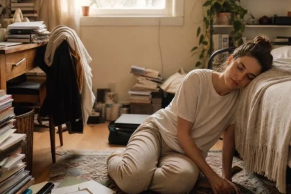 Woman sitting tired on the floor of a cluttered bedroom
