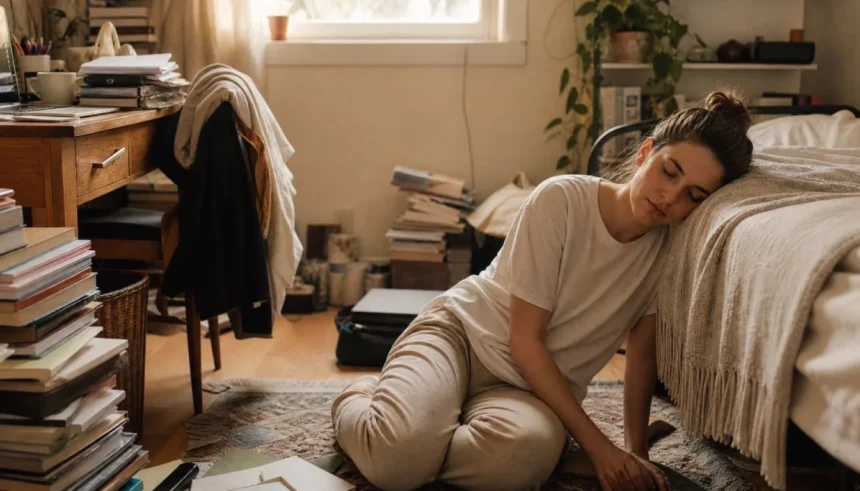 Woman sitting tired on the floor of a cluttered bedroom