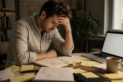 Beginner entrepreneur reviewing crossed-out business notes at a home desk
