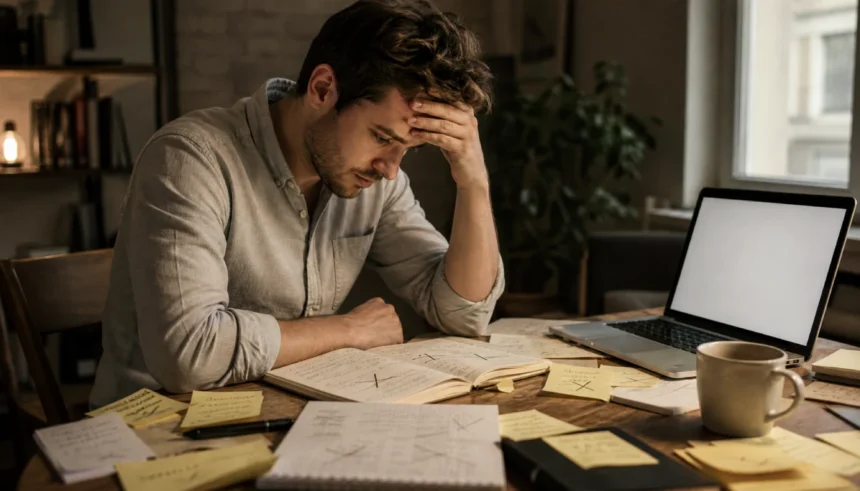Beginner entrepreneur reviewing crossed-out business notes at a home desk